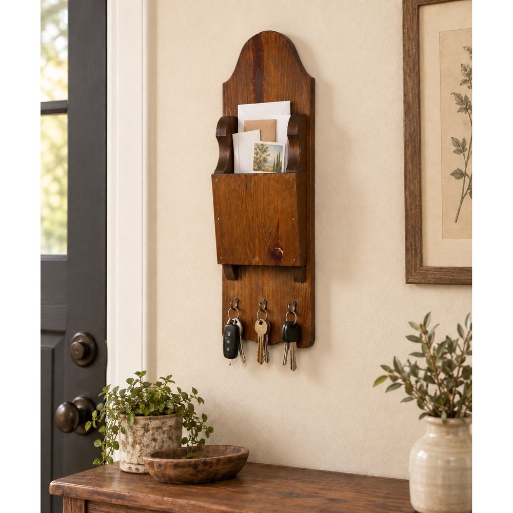Vintage Wood Wall Mail Organizer Key Holder 3 Hooks Farmhouse 18"